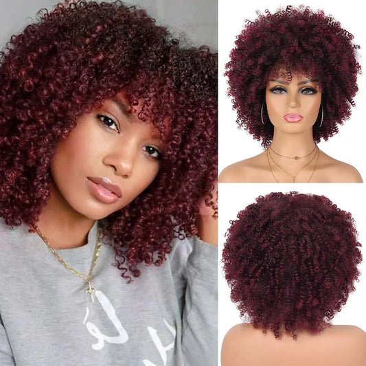Looxey Afro Wig for Black Women Fluffy Soft Synthetic Kinky Curly Wig Glueless Short Curly Ombre Burgundy Wig with Bangs