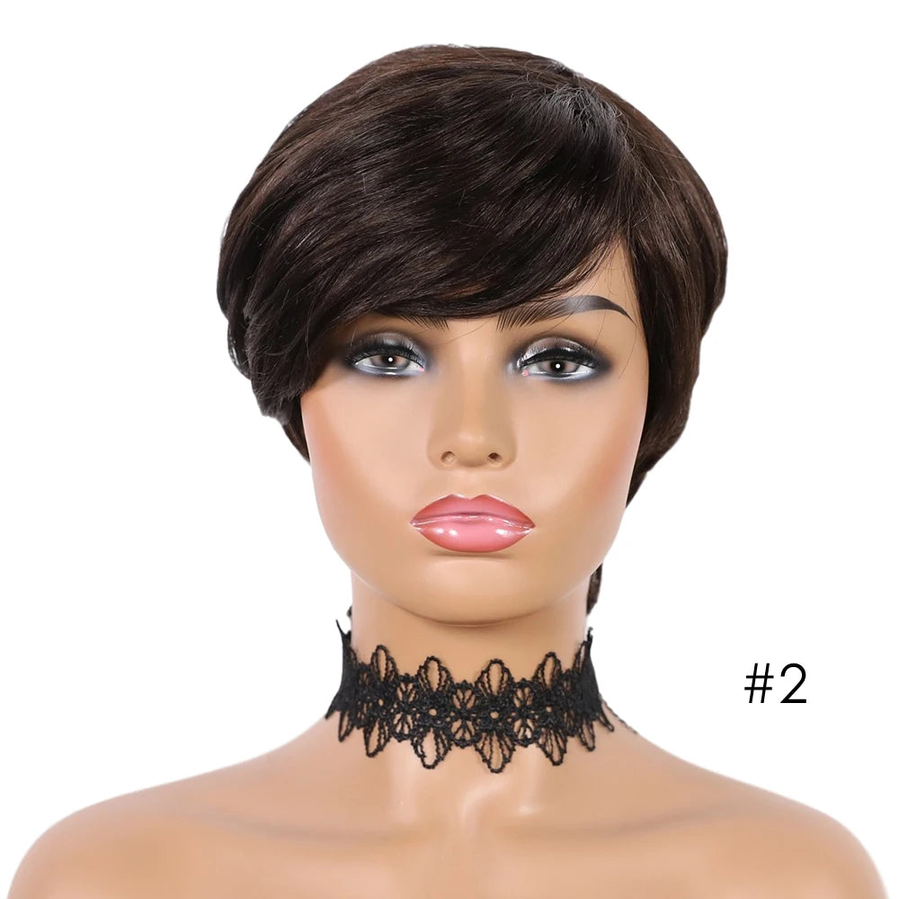 DQ Short Razor Cut Wavy Bob Pixie Wigs Non Lace Front Human Hair Wigs With Bangs For Women Full Machine Made Remy Brazilian Hair