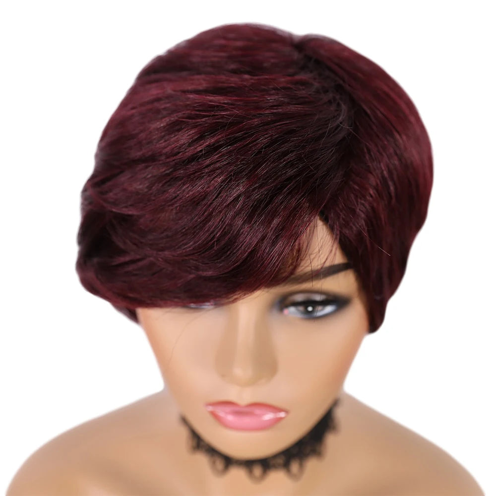 DQ Short Razor Cut Wavy Bob Pixie Wigs Non Lace Front Human Hair Wigs With Bangs For Women Full Machine Made Remy Brazilian Hair