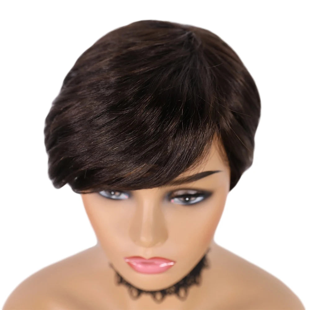 DQ Short Razor Cut Wavy Bob Pixie Wigs Non Lace Front Human Hair Wigs With Bangs For Women Full Machine Made Remy Brazilian Hair