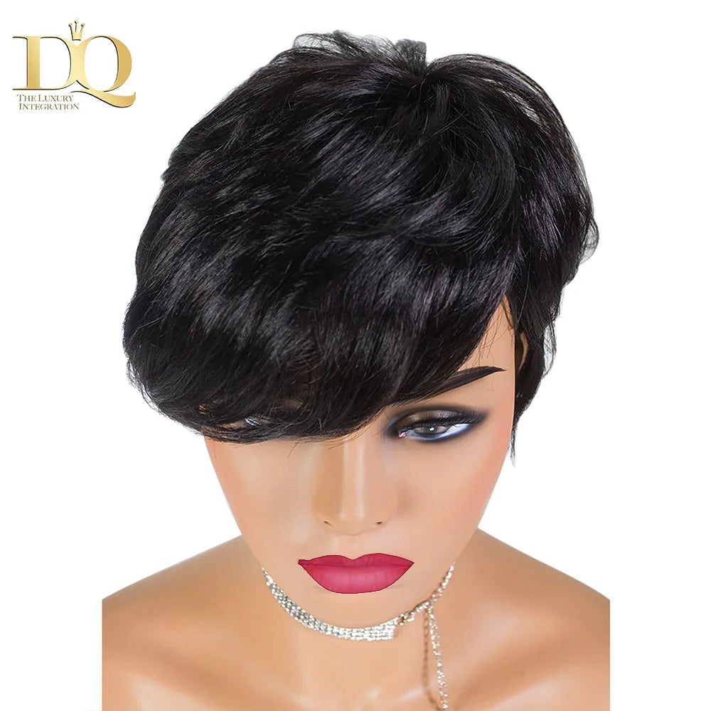 DQ Short Razor Cut Wavy Bob Pixie Wigs Non Lace Front Human Hair Wigs With Bangs For Women Full Machine Made Remy Brazilian Hair