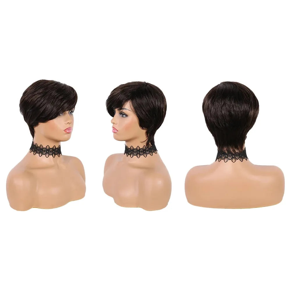 DQ Short Razor Cut Wavy Bob Pixie Wigs Non Lace Front Human Hair Wigs With Bangs For Women Full Machine Made Remy Brazilian Hair