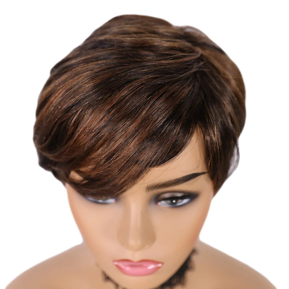 DQ Short Razor Cut Wavy Bob Pixie Wigs Non Lace Front Human Hair Wigs With Bangs For Women Full Machine Made Remy Brazilian Hair