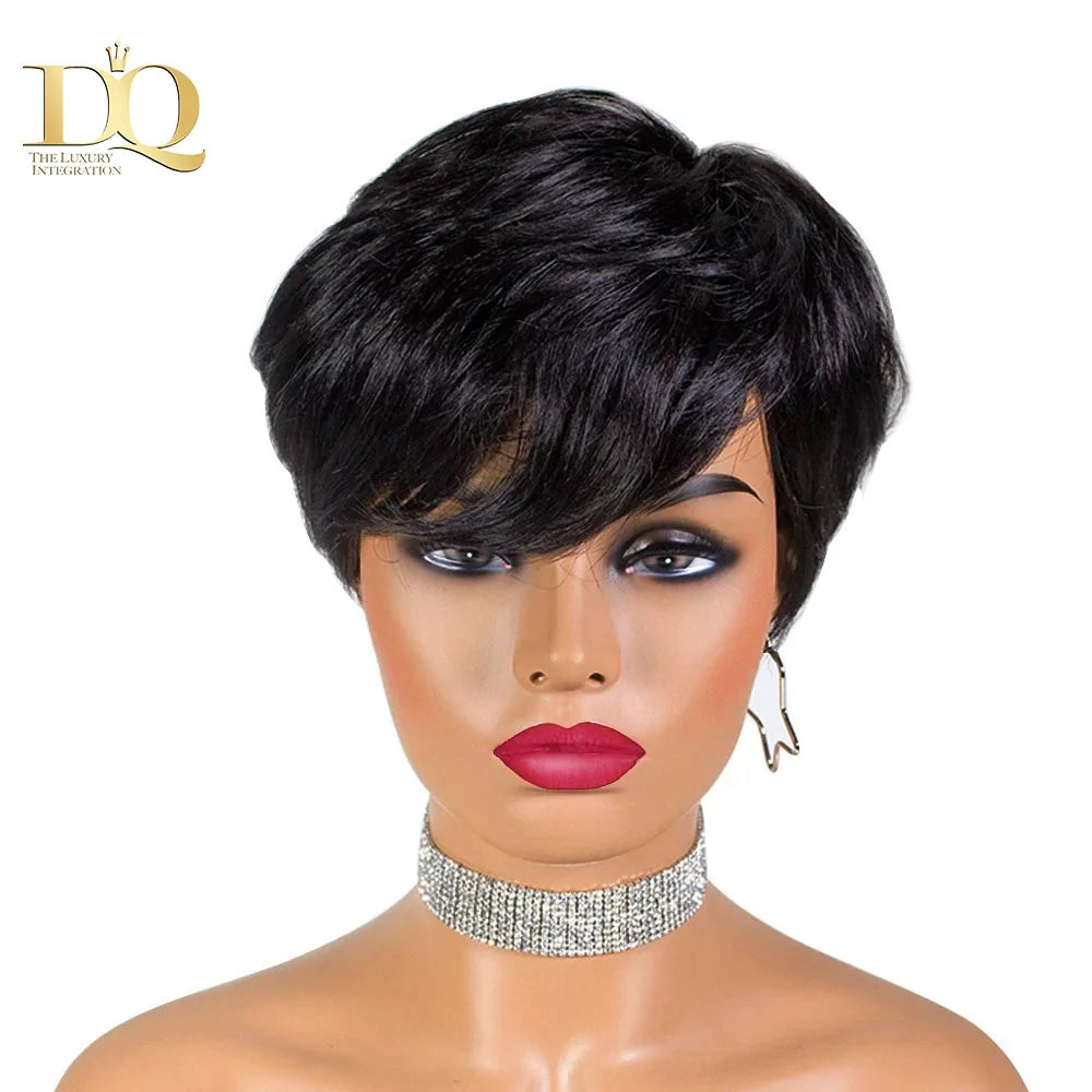 DQ Short Razor Cut Wavy Bob Pixie Wigs Non Lace Front Human Hair Wigs With Bangs For Women Full Machine Made Remy Brazilian Hair