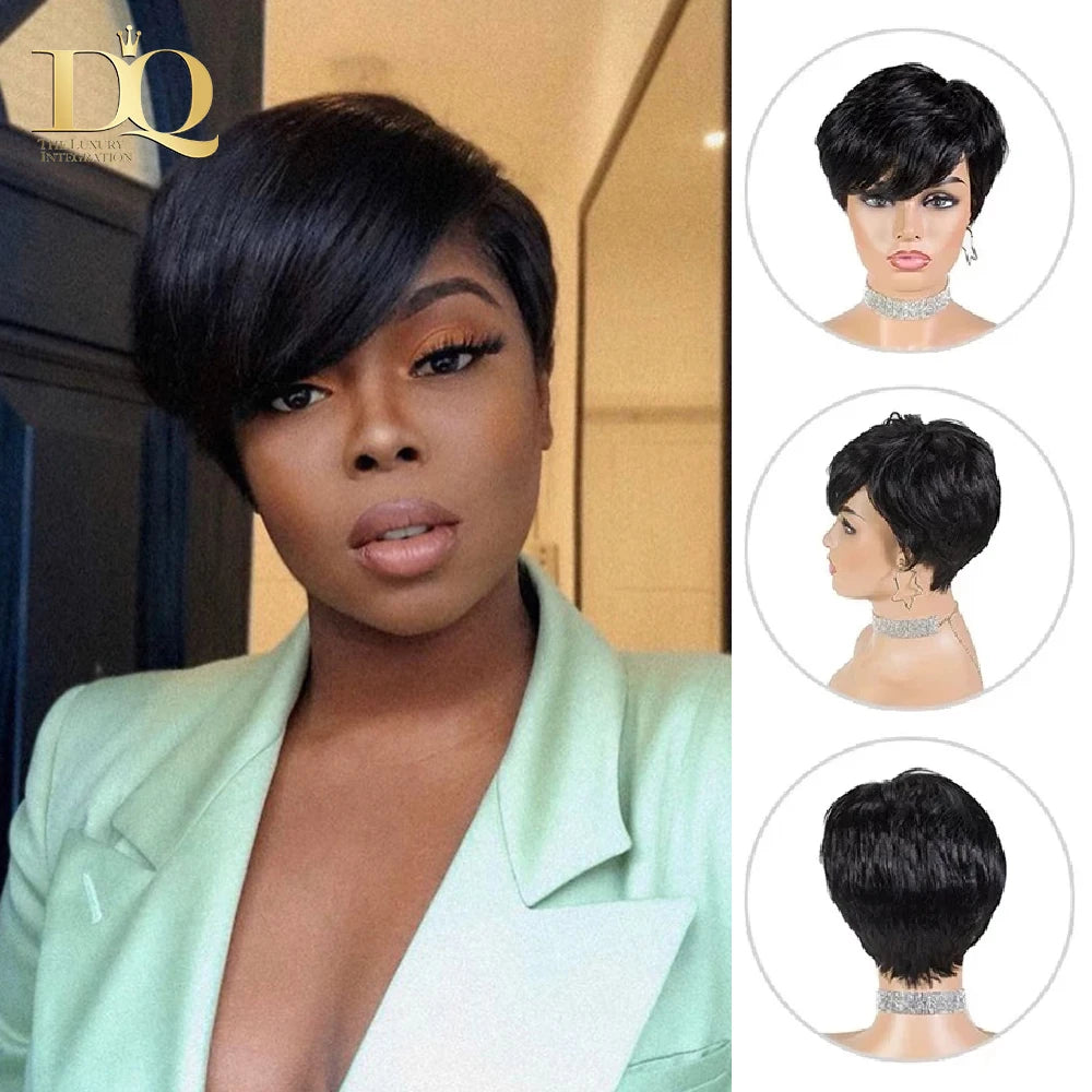 DQ Short Razor Cut Wavy Bob Pixie Wigs Non Lace Front Human Hair Wigs With Bangs For Women Full Machine Made Remy Brazilian Hair