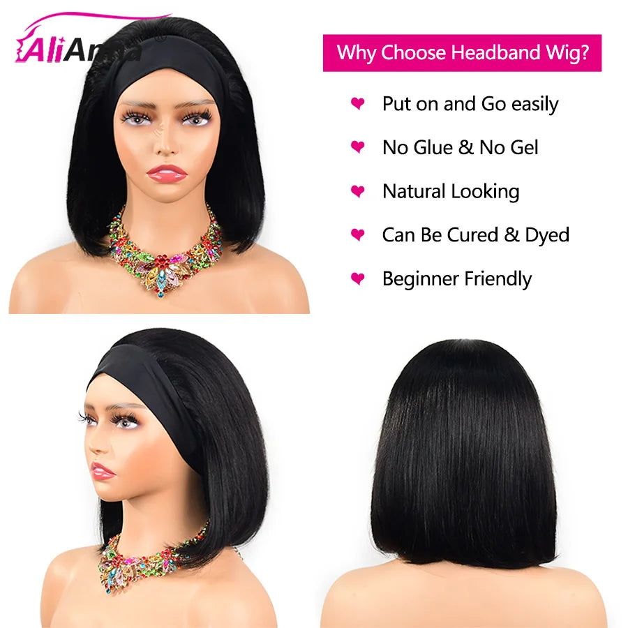 Headband Wigs Human Hair Super Double Drawn Bob Wig