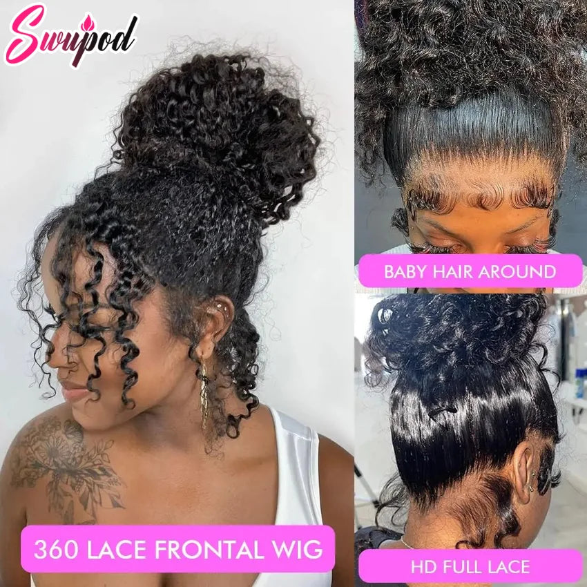250 Density Invisi Strap 360 Full Lace Frontal Kinky Curly Wig 30 inch Black Human Hair Drawstring Snug Water Wig Preplucked