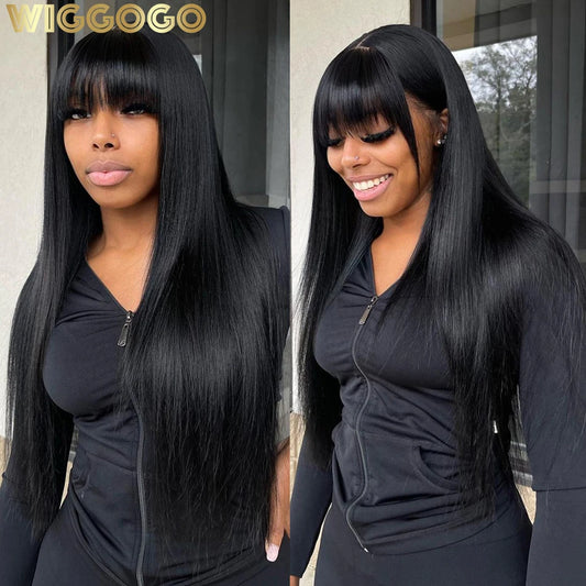 Wiggogo 3X1 Middle Part Lace Wig Bone Straight Human Hair Wig With Bangs Full Machine Made Straight Human Hair Wigs For Women