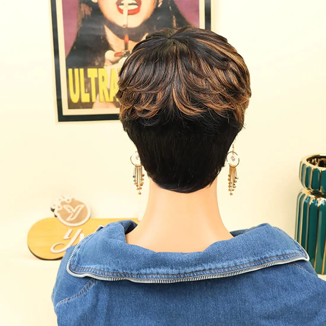 Synthetic  Pixie Cut with Auburn Brown Ombre Top Similar to Short Layered Wavy Curly Wig with Bangs