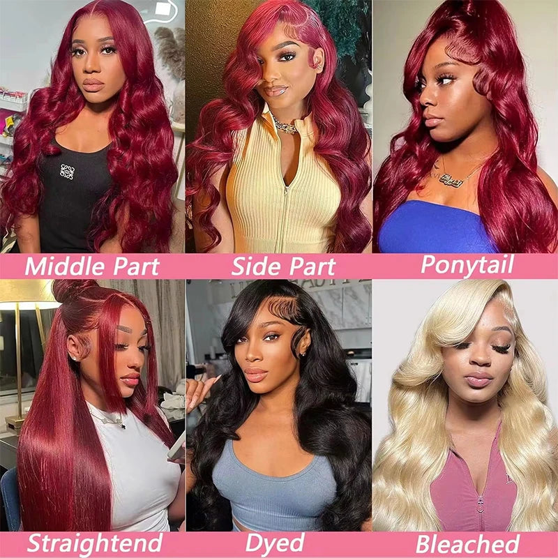 Burgundy 99J Body Wave 13x4 lace front human hair wig 30 Inch Pre Plucked Brazilian Water Wave Colored For Women HD lace wigs