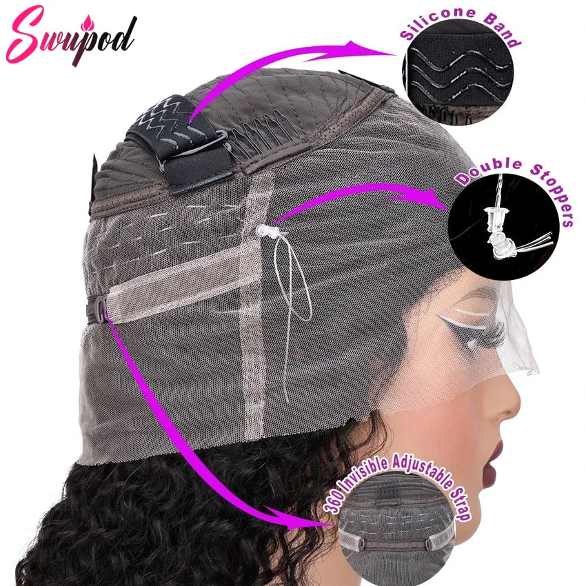 250 Density Invisi Strap 360 Full Lace Frontal Kinky Curly Wig 30 inch Black Human Hair Drawstring Snug Water Wig Preplucked