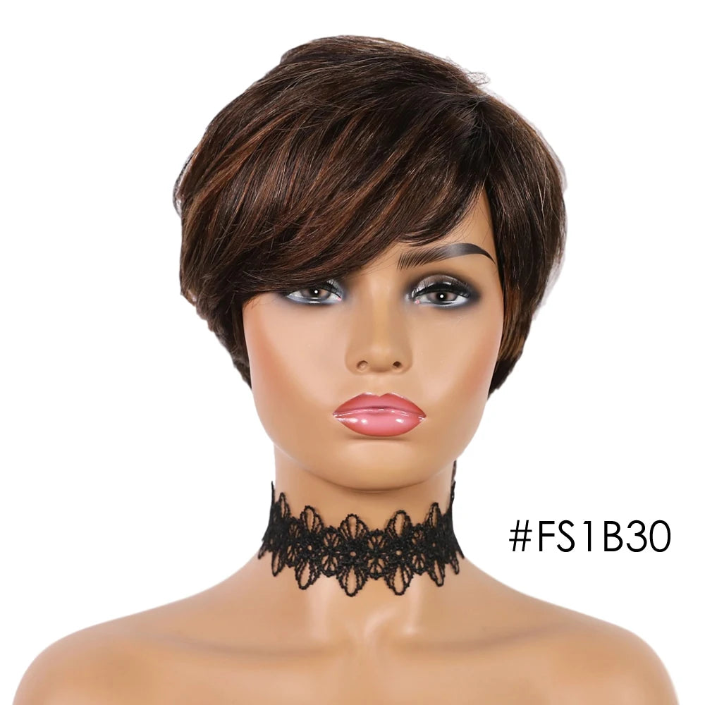 DQ Short Razor Cut Wavy Bob Pixie Wigs Non Lace Front Human Hair Wigs With Bangs For Women Full Machine Made Remy Brazilian Hair