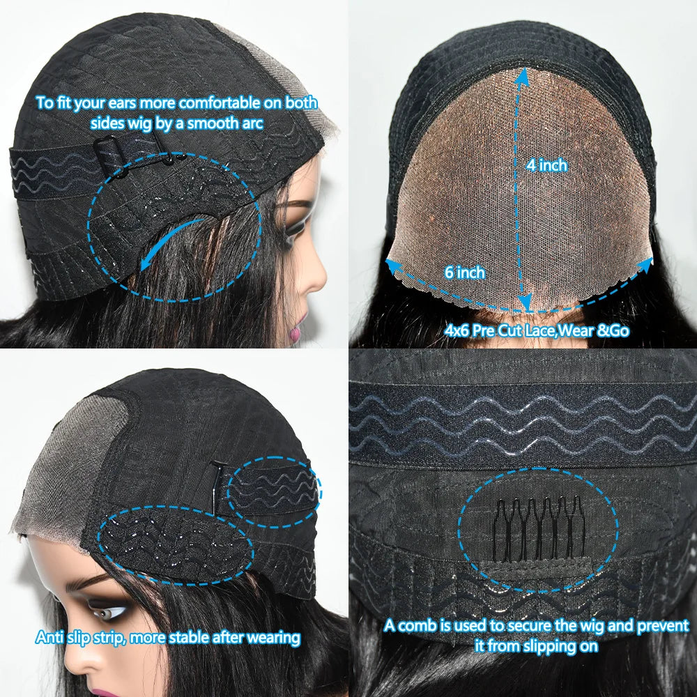 26 Inch 6x4 Glueless Wig Human Hair Ready To Wear Straight Glueless Wigs Pre-Plucked Top Brazilian Wigs for Women Closure Wig