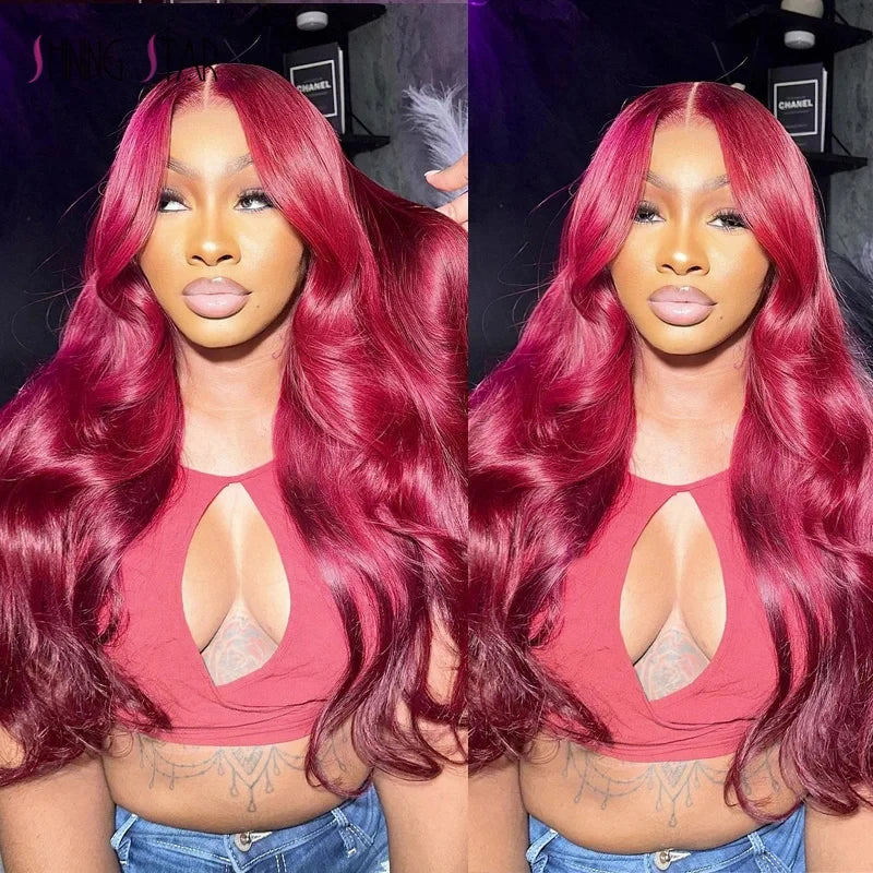 Burgundy 99J Body Wave 13x4 lace front human hair wig 30 Inch Pre Plucked Brazilian Water Wave Colored For Women HD lace wigs