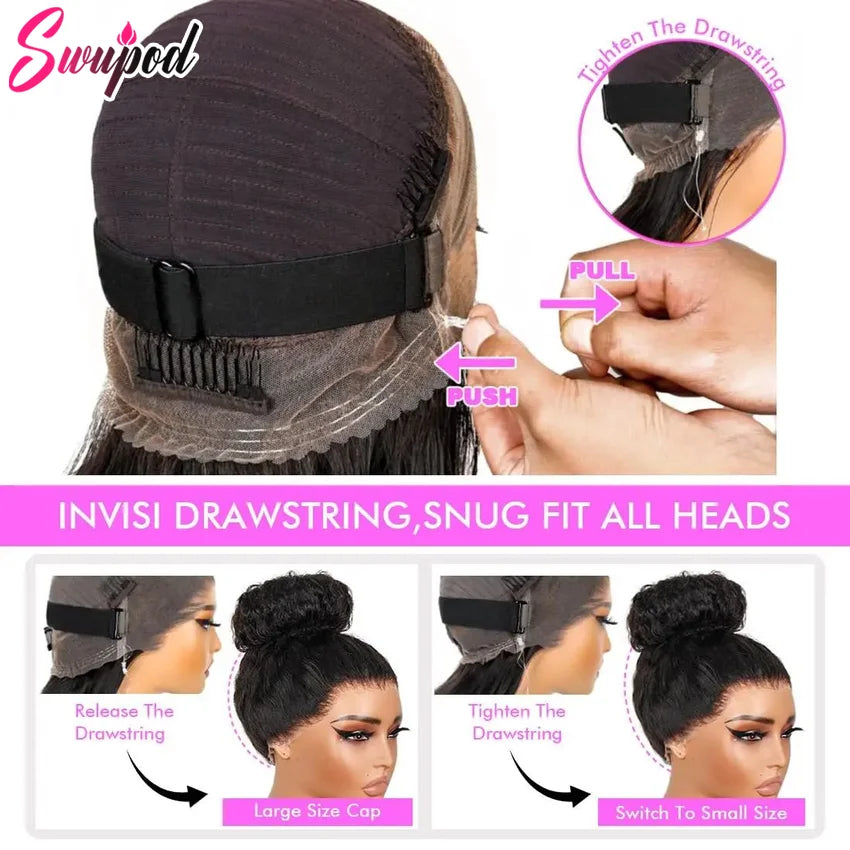 250 Density Invisi Strap 360 Full Lace Frontal Kinky Curly Wig 30 inch Black Human Hair Drawstring Snug Water Wig Preplucked