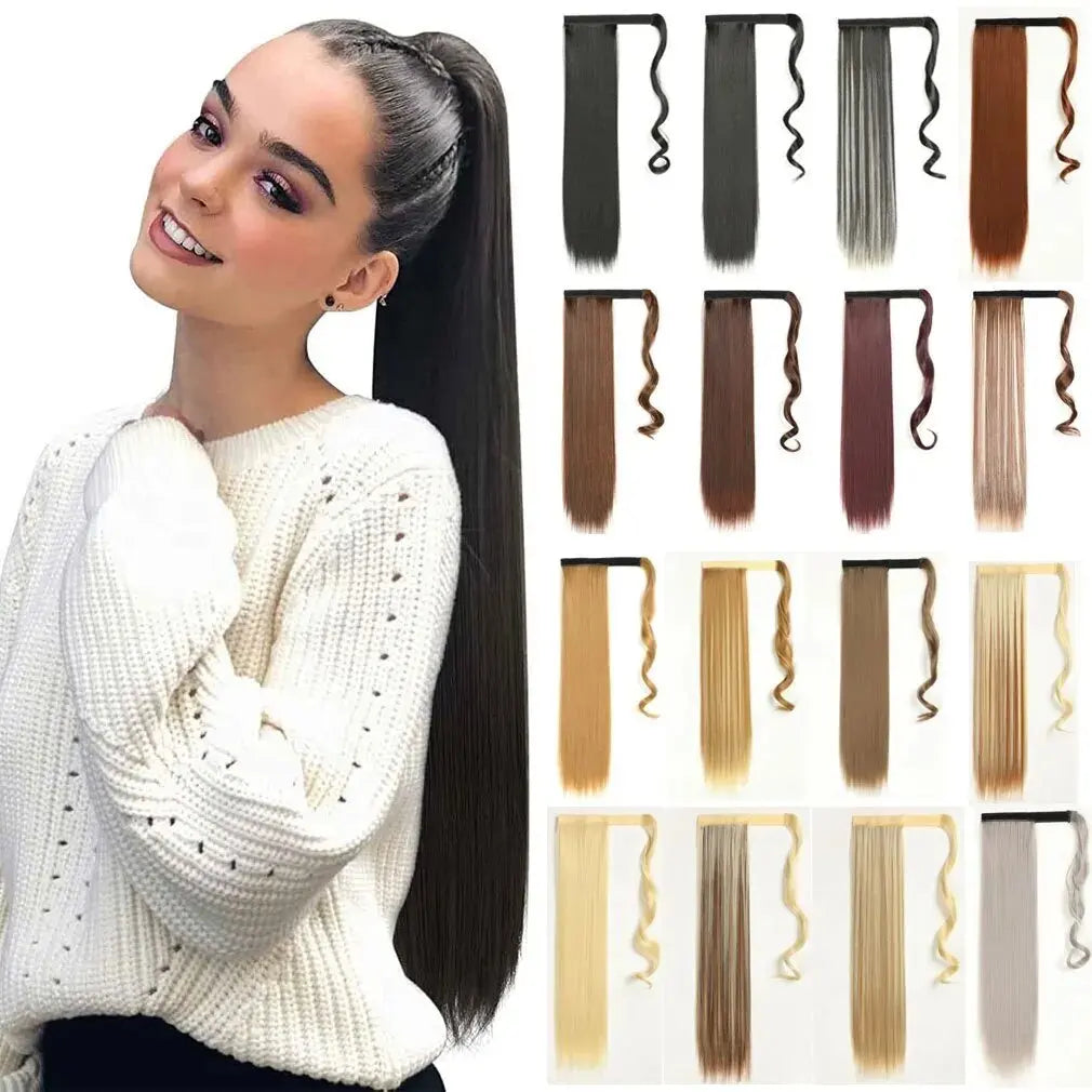 Synthetic Ponytail Extension Long Straight Wrap Around Clip In Hairpiece