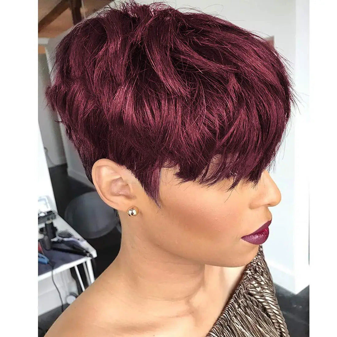 Synthetic  Pixie Cut with Auburn Brown Ombre Top Similar to Short Layered Wavy Curly Wig with Bangs