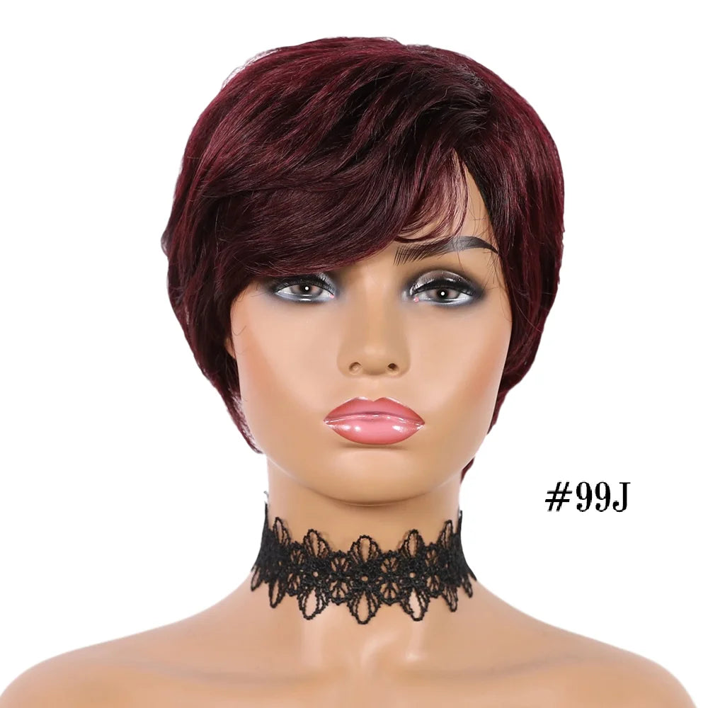 DQ Short Razor Cut Wavy Bob Pixie Wigs Non Lace Front Human Hair Wigs With Bangs For Women Full Machine Made Remy Brazilian Hair
