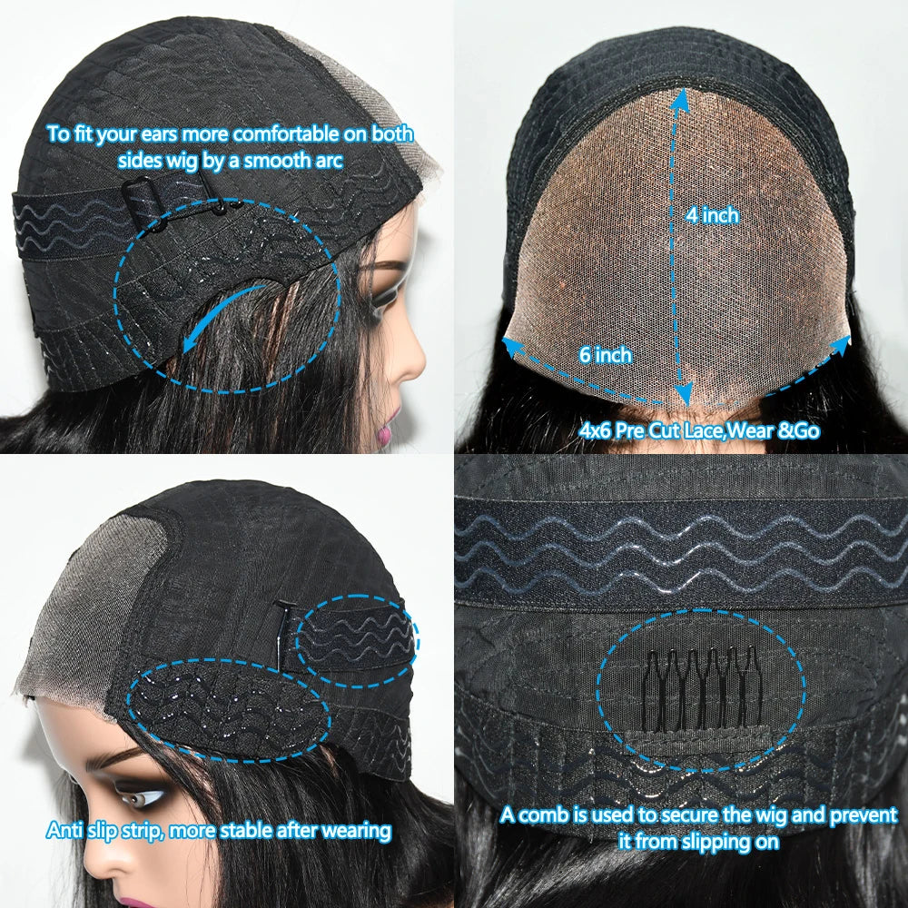 26 Inch 6x4 Glueless Wig Human Hair Ready To Wear Straight Glueless Wigs Pre-Plucked Top Brazilian Wigs for Women Closure Wig