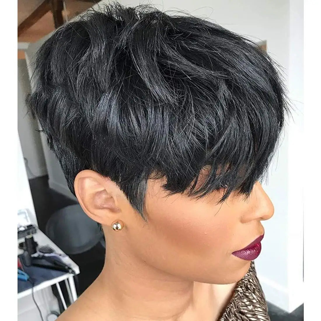 Synthetic  Pixie Cut with Auburn Brown Ombre Top Similar to Short Layered Wavy Curly Wig with Bangs