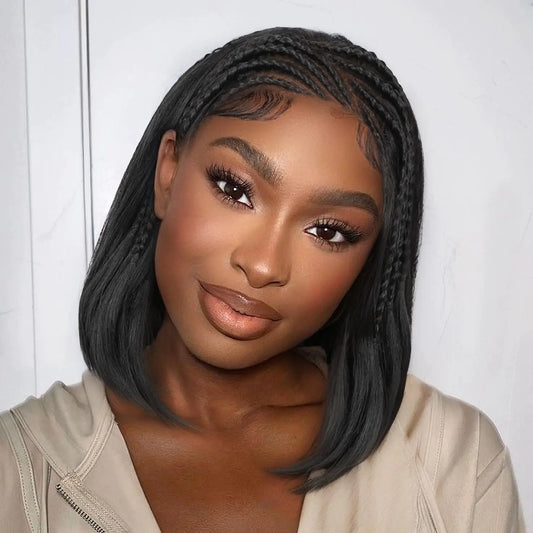 WIGER 13x4 Straight Bob Lace Frontal Wig Handmade Cornrow Braided Wig for Black Women 12 Inch Synthetic HD Lace Frontal 1B Black Straight Bob Wig