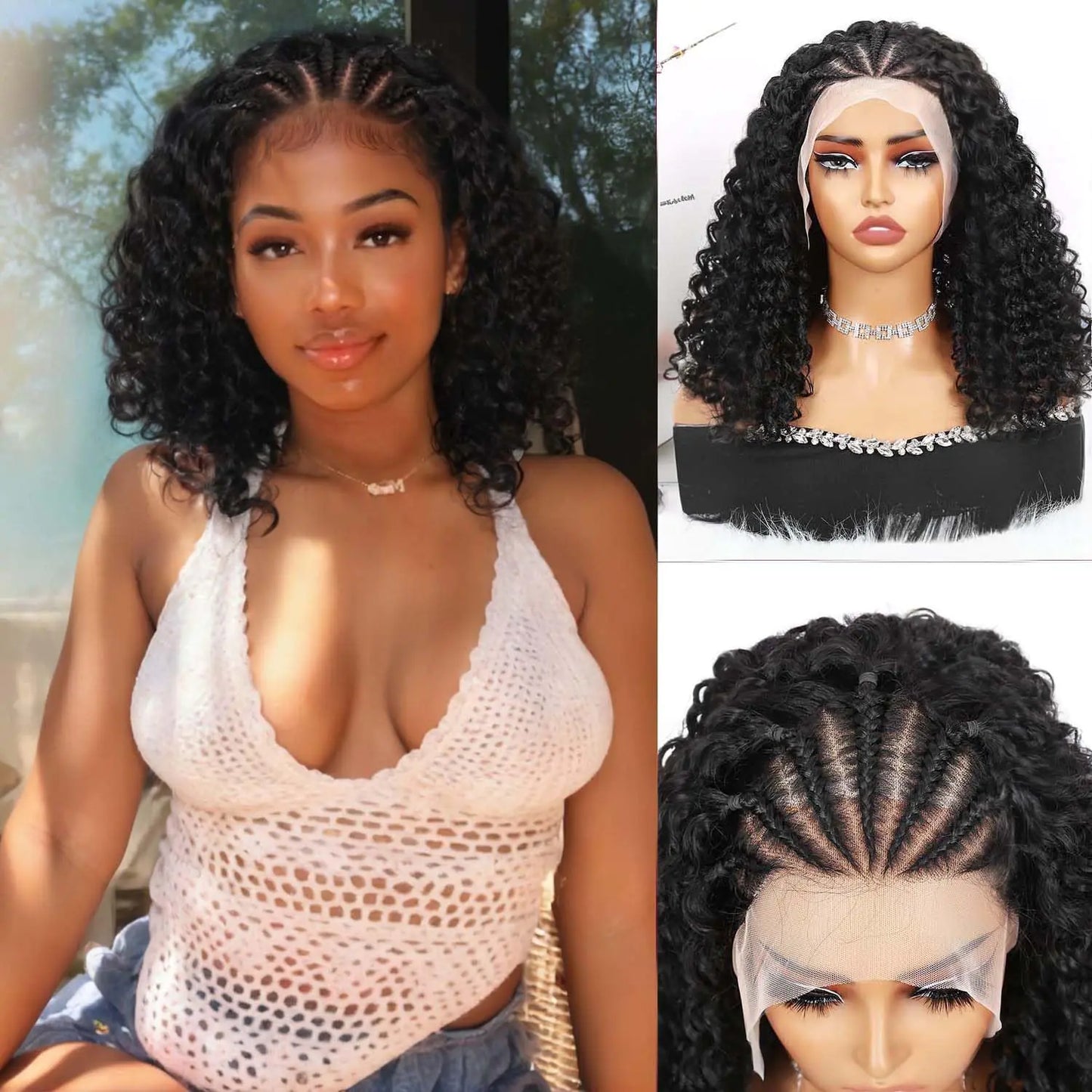 Quantum Love Braided Wigs for Black Women Cornrows Lace Curly Wigs 16 Inch Lace Frontal Fully Curly Bob Synthetic Glueless Wigs